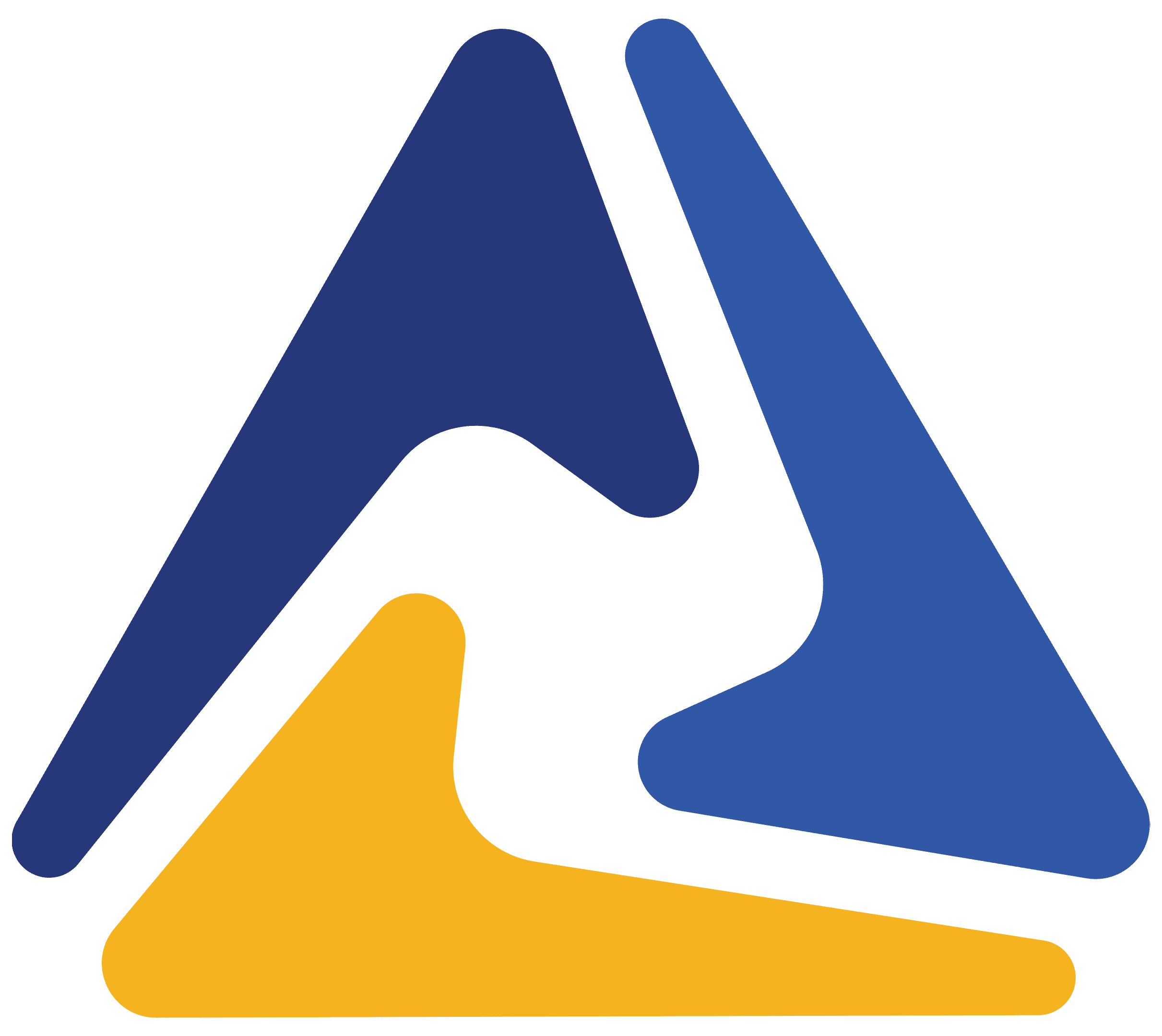 A geometric logo featuring a triangle shape made of three curved sections in blue and yellow.